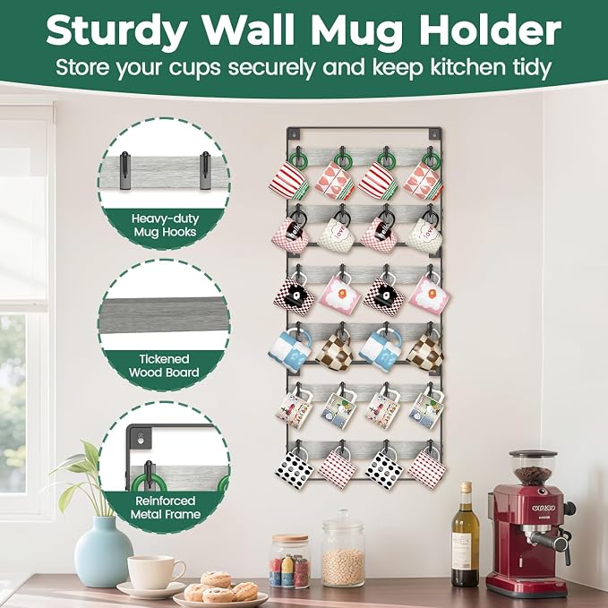EsLuker.ly Mug Holder Hanger Rack Wall Mounted Wooden 3 Pack Coffee Cup Storage - Image 6