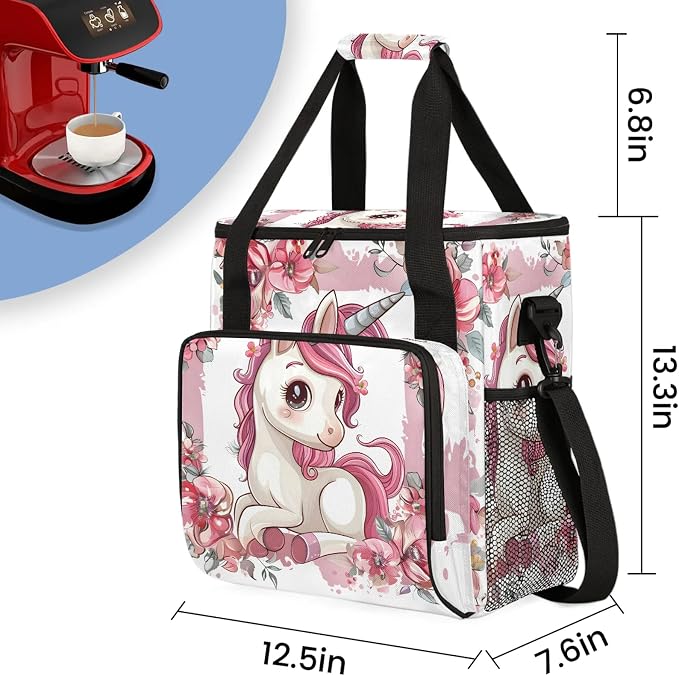 Cute Unicorn Floral Coffee Maker Carring Bag, Large Insulated Storage Organizer - Image 2