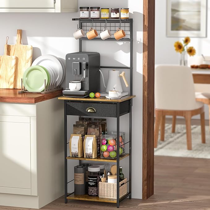 5 Tier Coffee Bar Station with Drawer, Kitchen Stand with 4 S-Shaped Hooks - Image 6