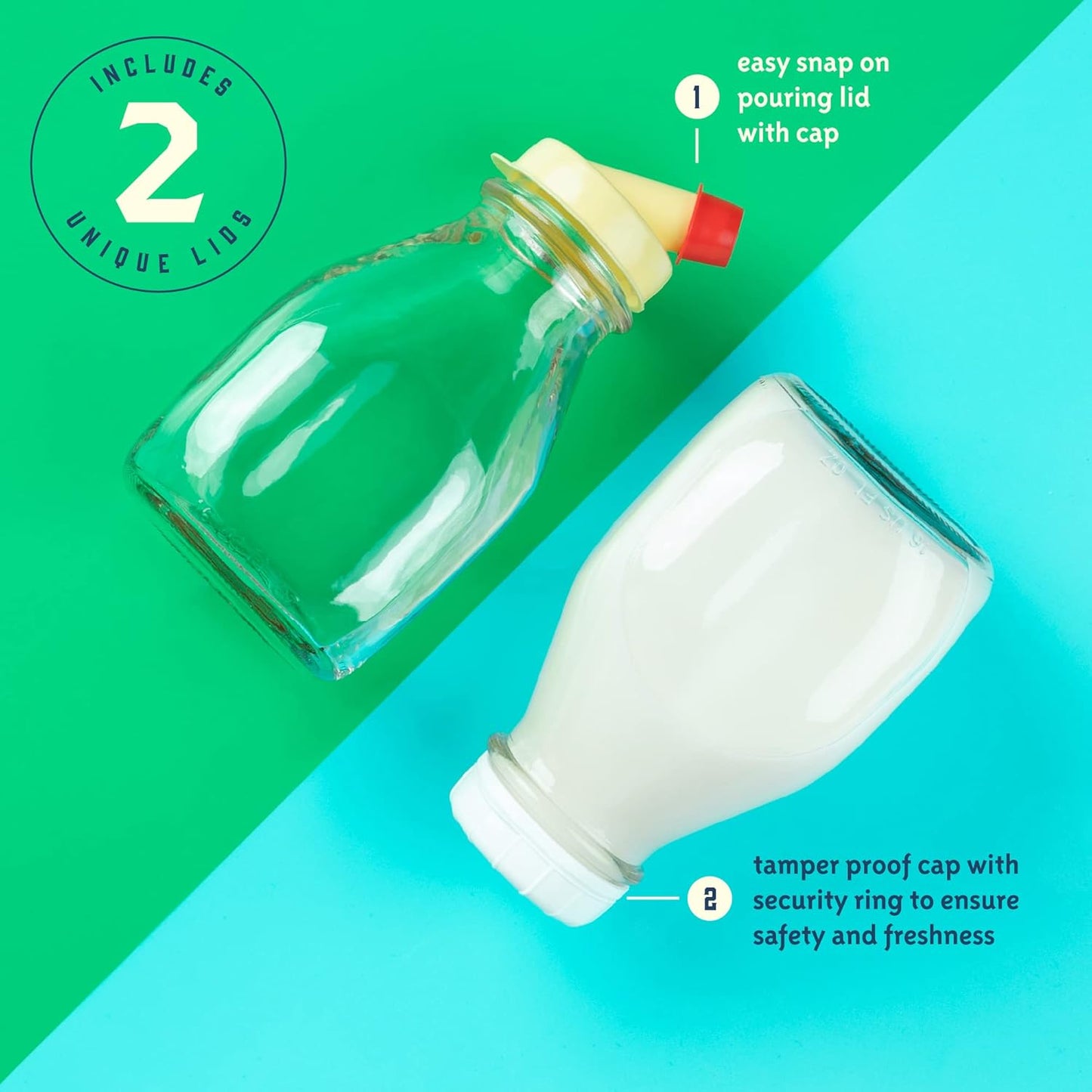 kitchentoolz 16 Oz Glass Milk Bottle with Lid - 16 Ounce Short and Wide Glass Milk Container for Refrigerator with Tamper Proof Lid and Pour Spout - Pack of 2