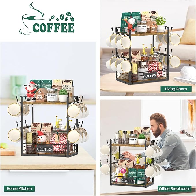 EsLuker.ly Coffee Mug Cup Holder Tree Bar Station Organizer, 2 Tier Mug Stand - Image 6