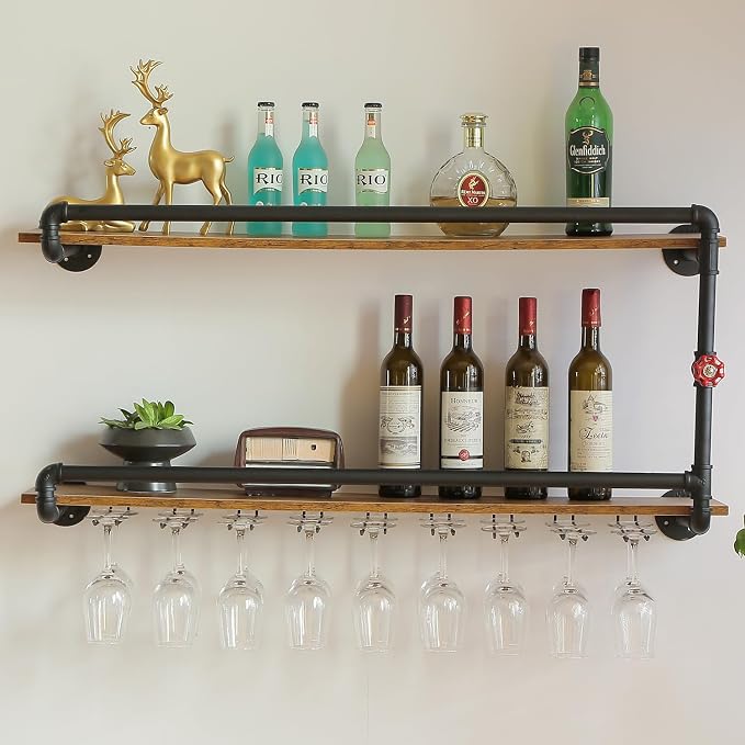 41 Inch Wine Rack Wall Mounted 2 Tier, Hanging Floating Bar Liquor Shelves by BOTAOYIYI