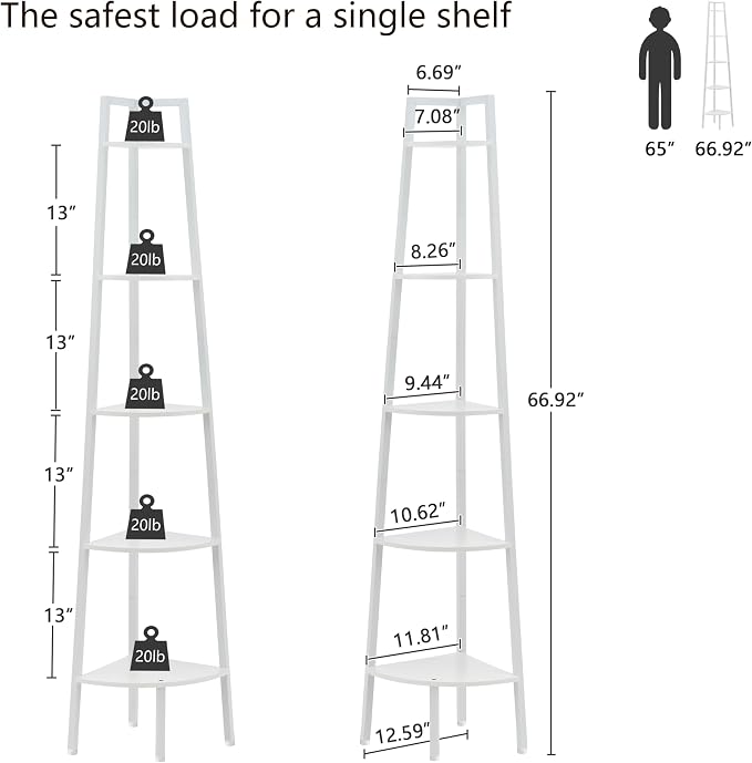 Hoctieon Corner Shelf, 5-Tier Corner Bookshelf, Rustic Ladder Shelf, Industrial - Image 2