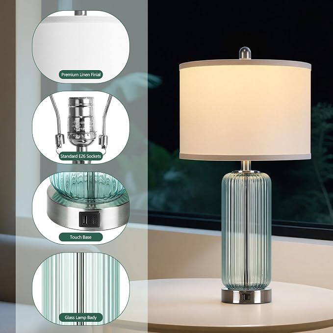 Table Lamps Set of 2 with Vertical Grained Glass, Teal Bedside Table Lamp - Image 4