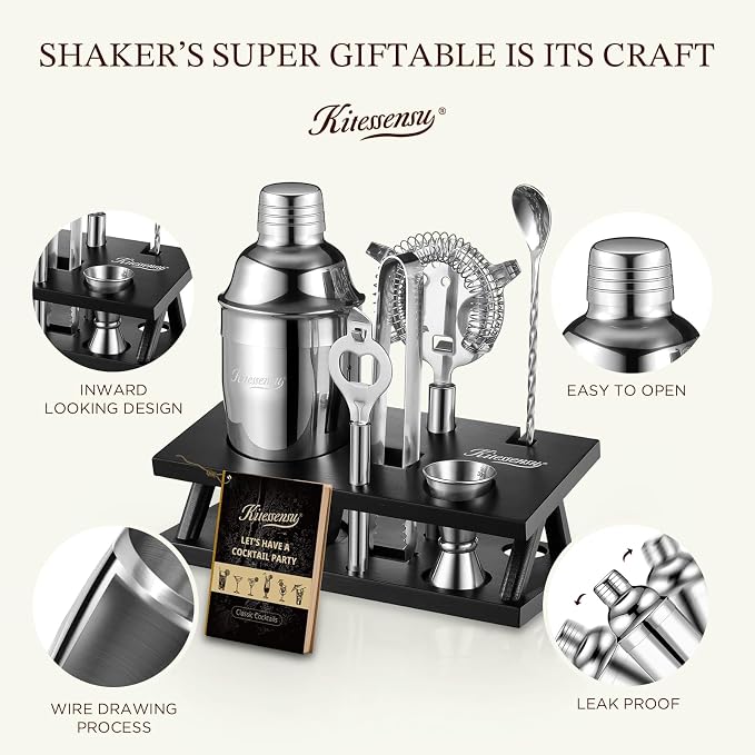 KITESSENSU Cocktail Shaker Set Bartender Kit, 6-Piece Silver Bar Set - Image 4