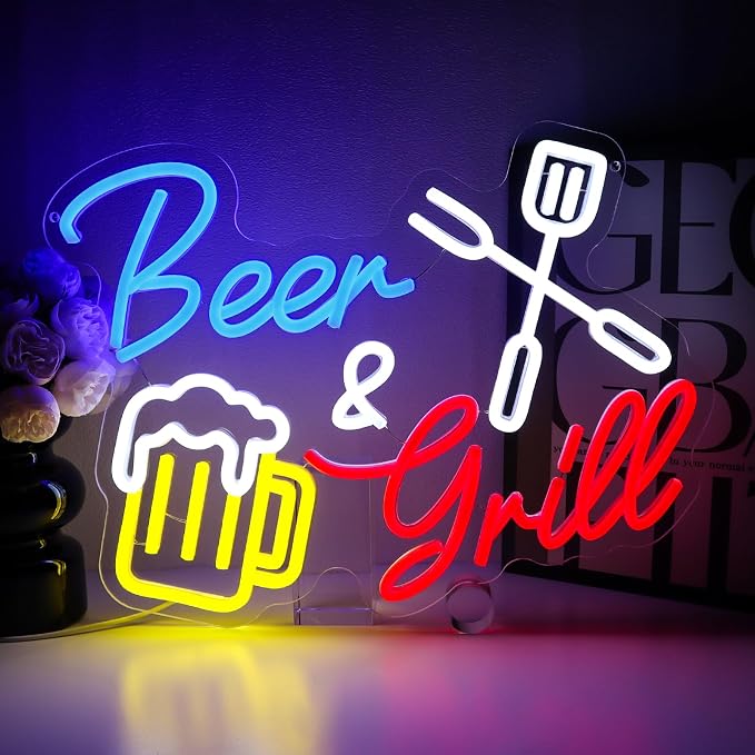 Beer And Grill Neon Sign for Wall Decor, Grilling Led Signs for BBQ Bar by PMCVYH