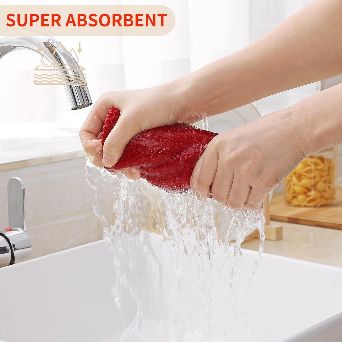 Kitinjoy 100% Cotton Waffle Weave Kitchen Towels, 8-Pack Super Soft and Absorbent Dish Towels for Drying Dishes, Kitchen Hand Towels, 13 in x 28 in, Red