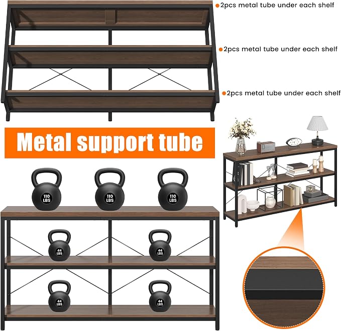 3-Tier Industrial Bookshelf, Wide Wood Horizontal Bookcase, Open Large Book - Image 8