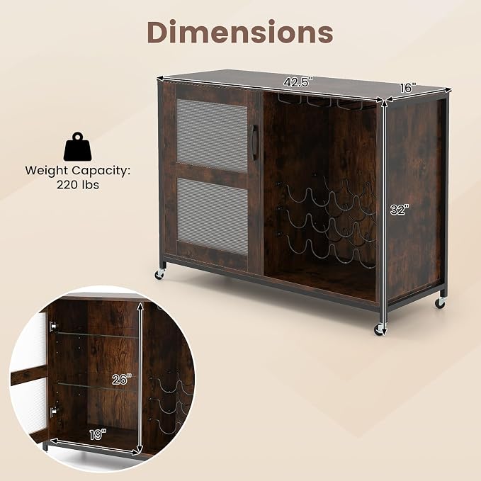 GOFLAME Wine Bar Cabinet with Wheels and LED Lights, Industrial Coffee Bar - Image 3