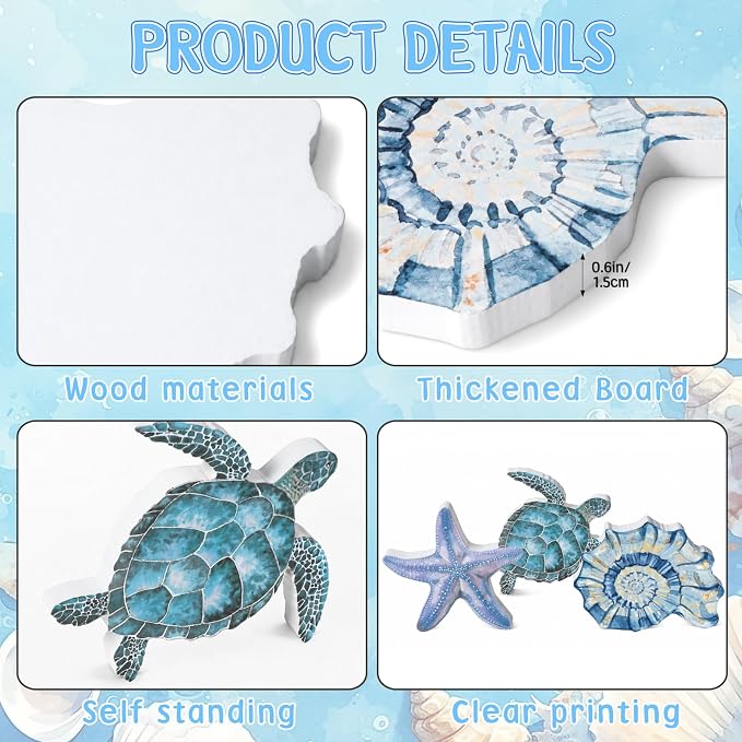 3 Pcs Beach Theme Wooden Tabletop, Sea Turtle Conch Starfish Decor Signs - Image 3