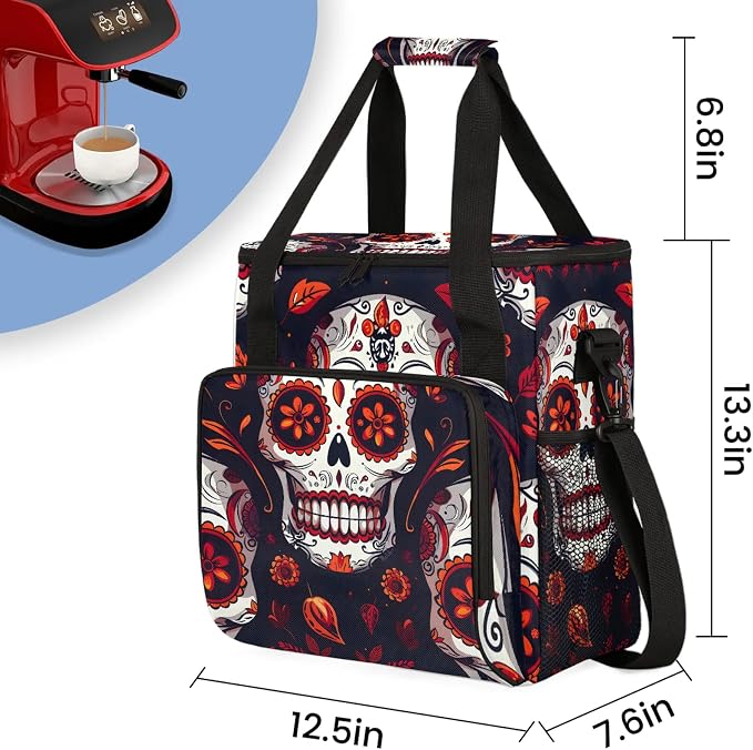 Sugar Skull Mexican Floral Skeleton Coffee Maker Carring Bag, Large Insulated - Image 2