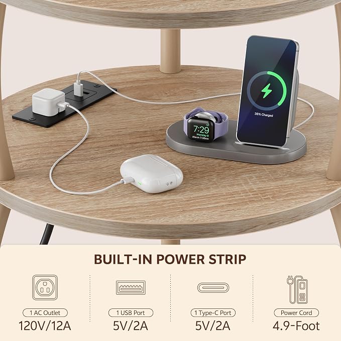 Round Side Table with Charging Station, USB Type C Port, Oak | End Table with - Image 5