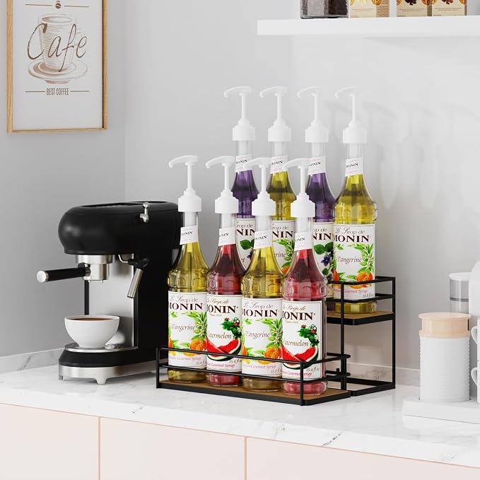 THYGIFTREE Coffee Syrup Rack Organizer 8 Bottle Syrup Holder Stand 2-Tier Syrup - Image 2