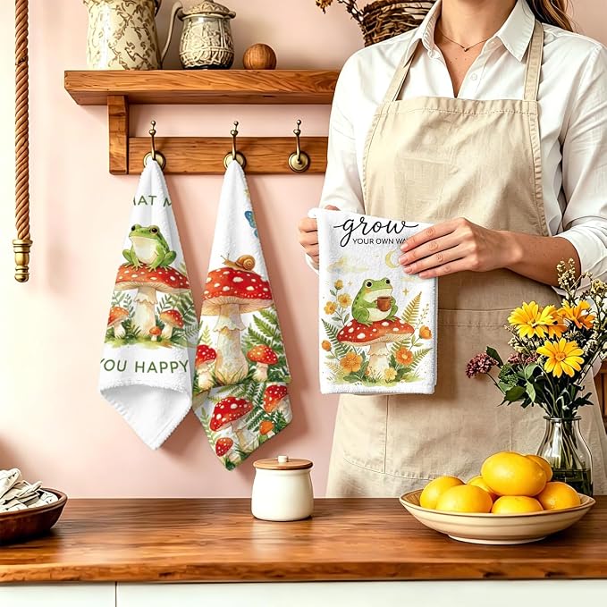 MAYJOYDIY 4 Pcs Frog Mushroom Kitchen Towels Butterfly Microfiber Dish Towel - Image 2