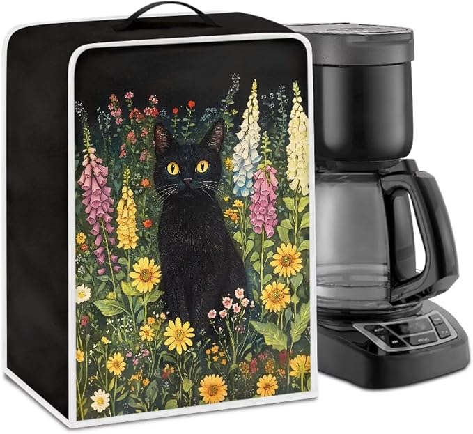 Coffee Machine Covers with Top Handle Black Cat Flower Print Washable Dust by Kathyboom