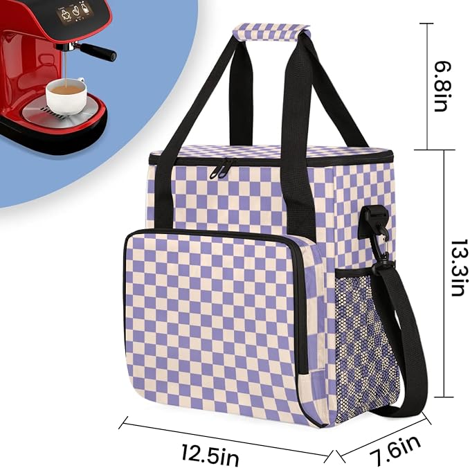 Checkerboard Purple Coffee Maker Carrying Bag, Waterproof Insulated Leakproof - Image 2