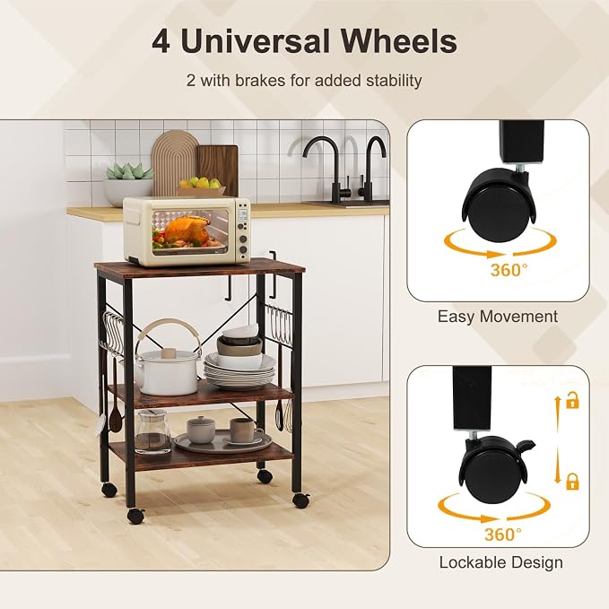 Giantex Kitchen Bakers Rack 3-Tier Microwave Cart on Wheels, Industrial Utility - Image 4