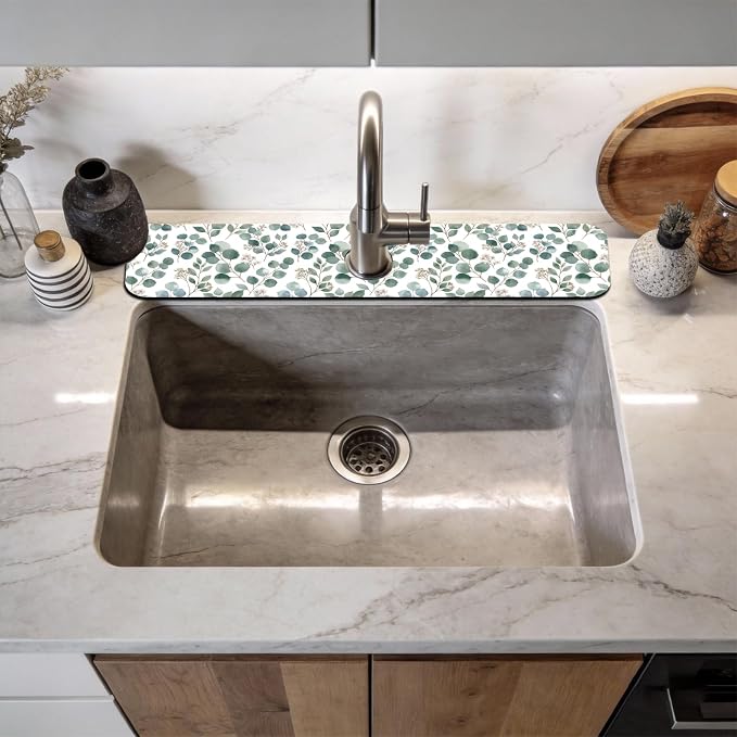 2 Pcs Kitchen Sink Splash Guard Faucet Mat Green Leaves Pattern Faucet Mat - Image 3