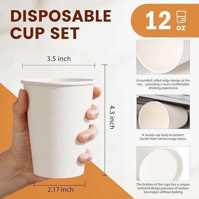 MOUMOULIFE Disposable Paper Coffee Cups 12 oz 500 Count Bulk, Leak-Proof White - Image 2