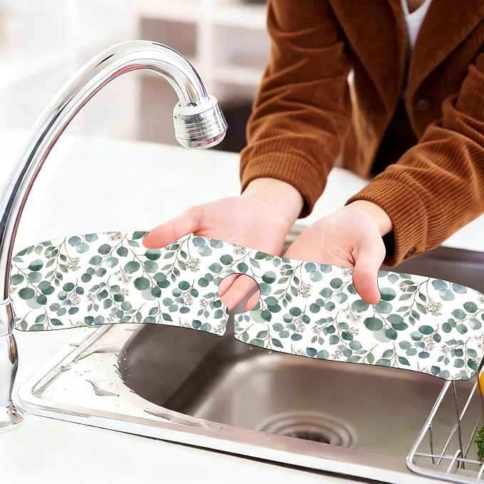 2 Pcs Kitchen Sink Splash Guard Faucet Mat Green Leaves Pattern Faucet Mat - Image 6