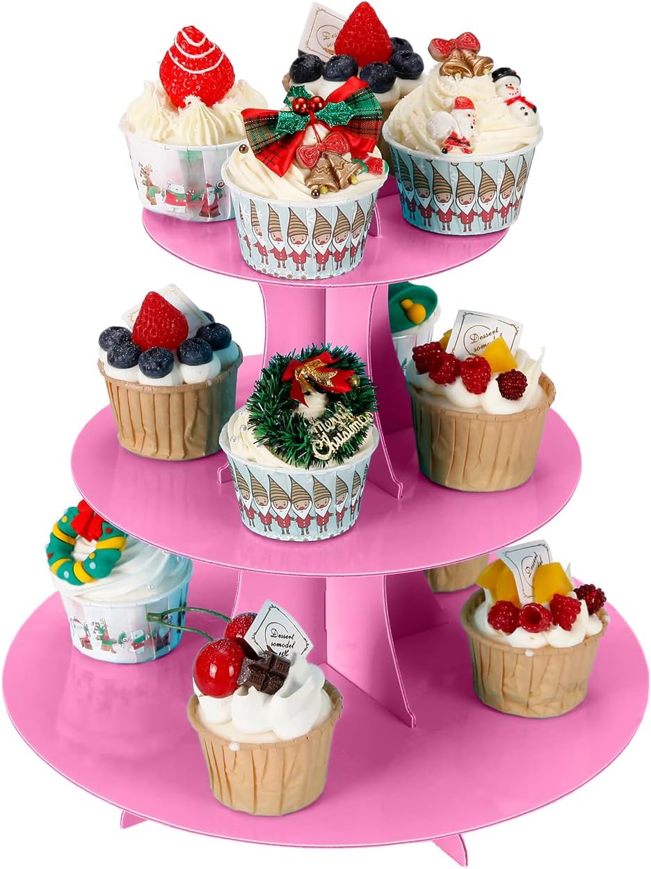 2Pcs 3-Tier Cupcake Stand, Cake Stand holder, Tiered DIY Cupcake Stand Tower for Dessert Table Displays, Birthday Theme Party Favors Decoration, Floral Tea Party, 12" W x 12.8" H, Pink
