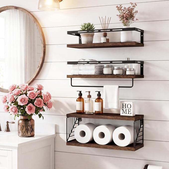 Fixwal Wall Mounted Bathroom Shelves Over Toilet, Rustic Wood Floating Shelves - Image 2
