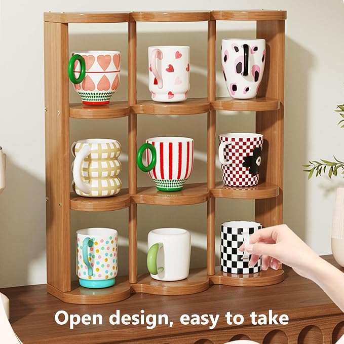 Wooden Coffee Mug Display Rack, Countertop Freestanding Grid Vintage Coffee Cup - Image 5