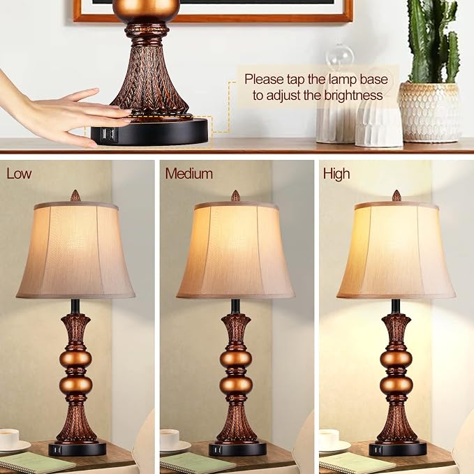 Set of 2 Touch Control Traditional Table Lamp, 3-Way Dimmable Bronze Finish - Image 2