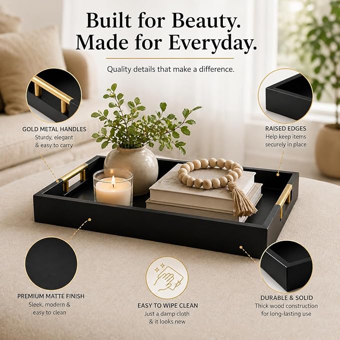 Luxury Black Ottoman Tray with Gold Handles – 12x17 Large Decorative Serving - Image 6
