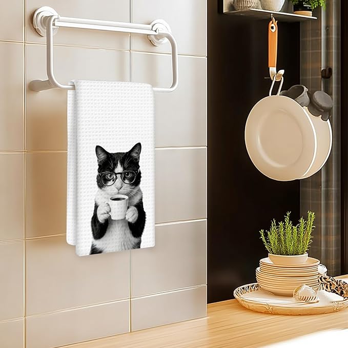 Tuxedo Cat Gifts Coffee Wine Kitchen Towels Set of 2, Coffee Kitty Dish Tea - Image 2