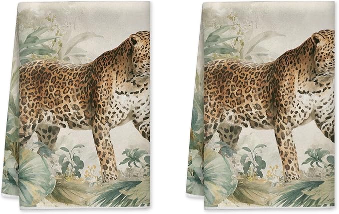 Leopard Kitchen Towels Set of 2, Tropical Naturalistic Tropical Leaves Flowers by Unknown