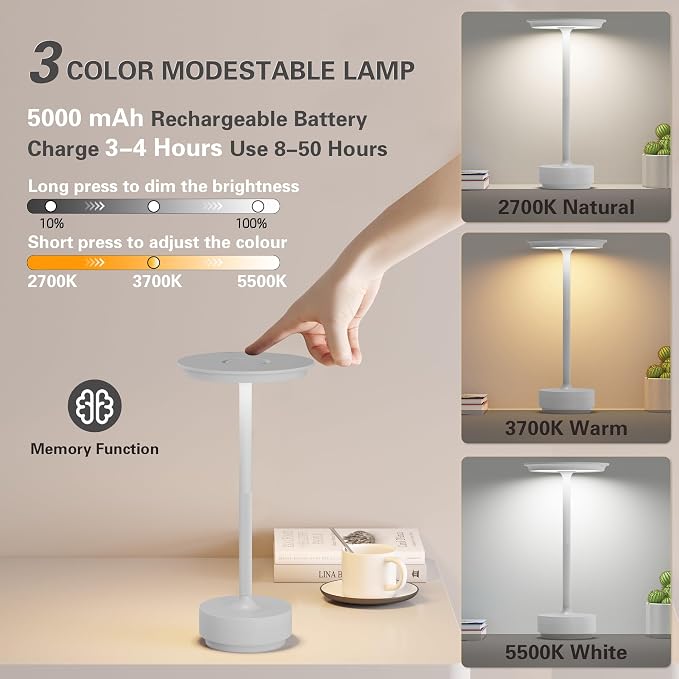 Table Lamp Table Lamps 2P Wihte Cordless Rechargeable Portable LED 5000mAh - Image 3
