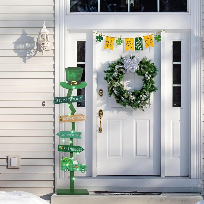 43.8" Lighted Wooden St. Patrick's Day Porch Sign Leprechaun Hat Shamrock Irish - Image 2