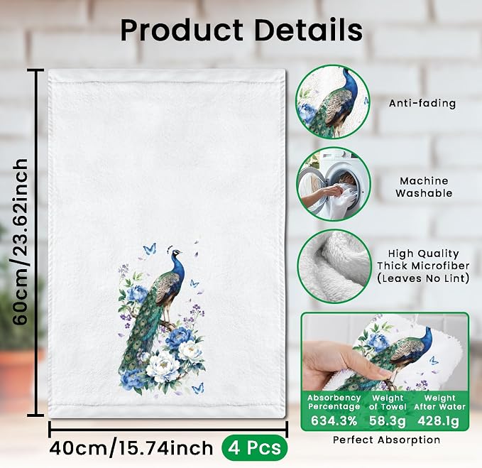 CUTHOLLOW Reacocks and Flowers Decorative Kitchen Towels Set of 4, - Image 2