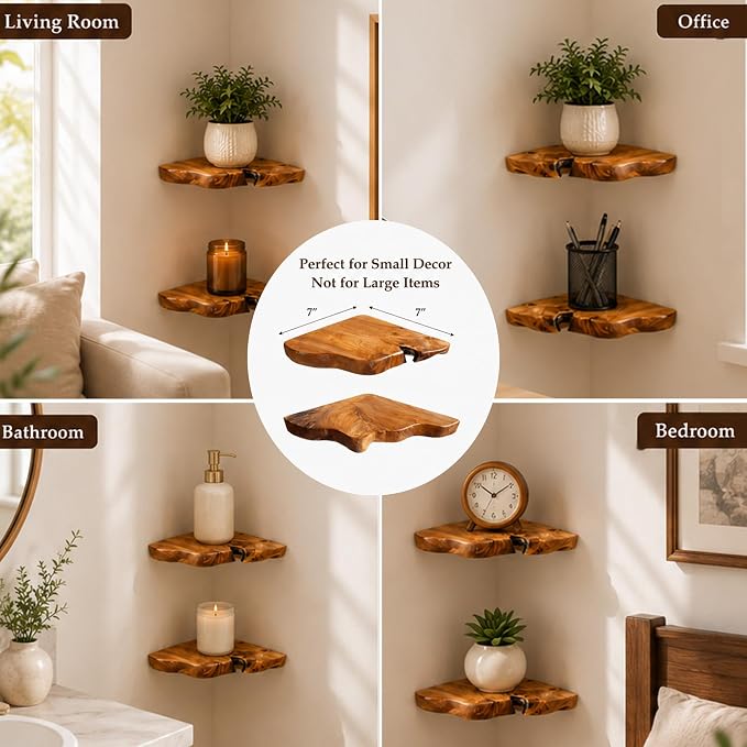 Floating Corner Shelf Set of 2, Handcrafted Live Edge Corner Wall Shelves - Image 5