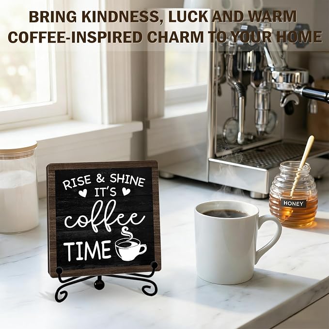 Rustic Coffee Bar Decor, Rise & Shine It's Coffee Time Wood Plaque - Image 3