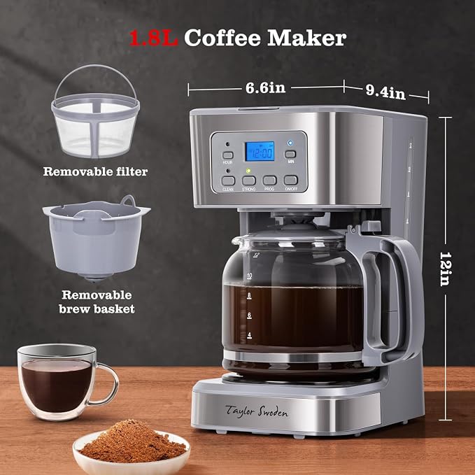 Taylor Swoden 12-Cup Programmable Coffee Maker, Regular & Strong Brew Drip - Image 7