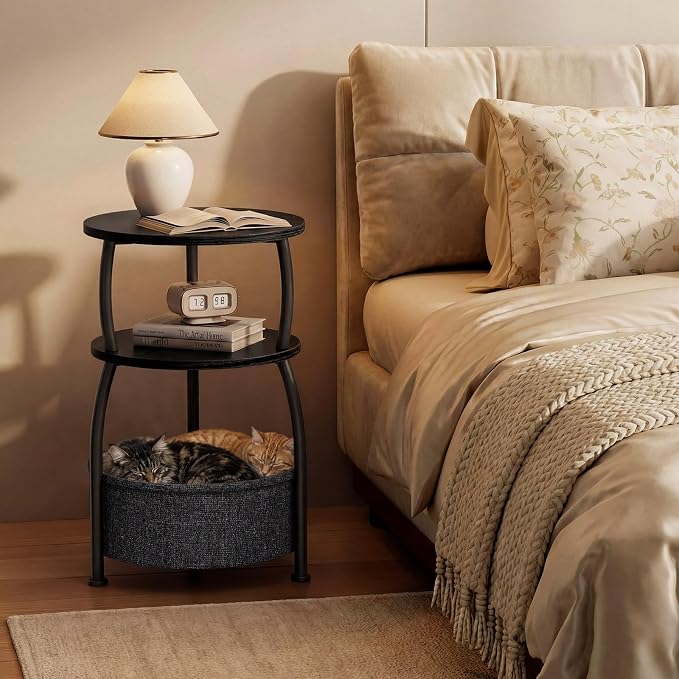 Round Side Table with Storage Basket, End Table Living Room, Bedside Table - Image 2