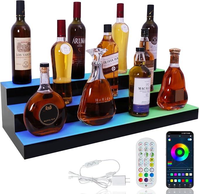 LED Lighted Liquor Bottle Display Shelf, 3 Tiers 30 Inch Acrylic Bar Bottle by ClarityCraze
