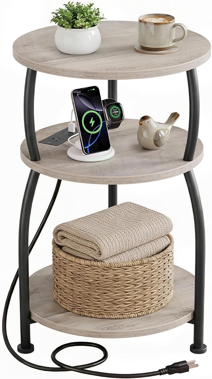 Round Side Table with Power Outlet & USB Ports, 3-Tier End Table with Storage by designyourhome