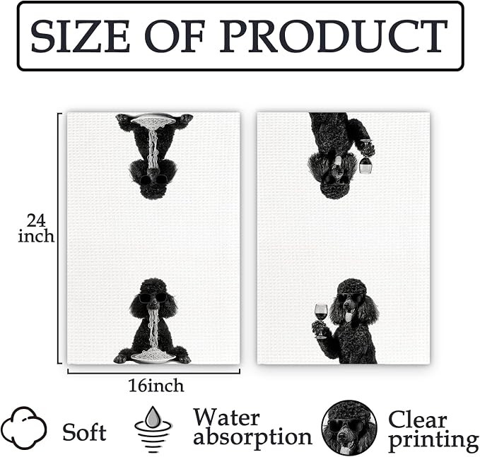Black Poodle Gifts Wine Kitchen Towels Set of 2, Funny Black Poodle Dog Eating - Image 7