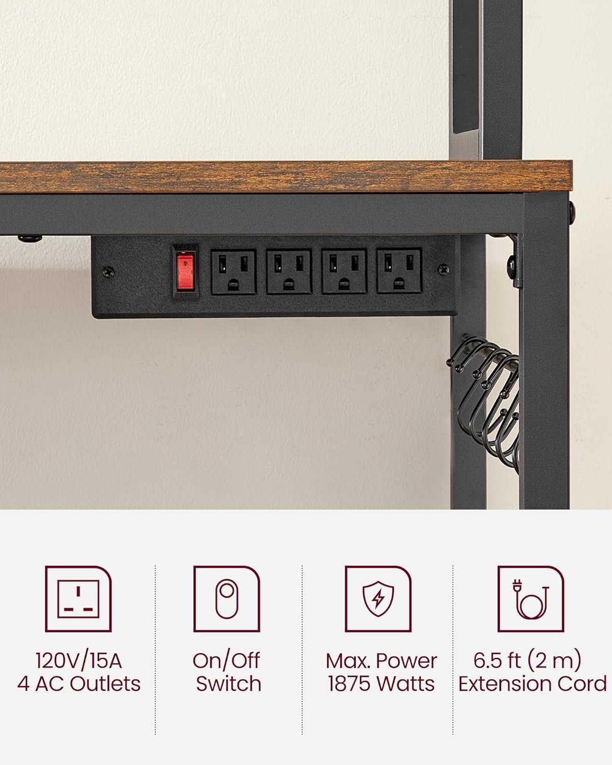VASAGLE Hutch Bakers Rack with Power Outlet, 14 Hooks Microwave Stand, Adjustable Coffee Bar with Metal Wire Panel, Kitchen Storage Shelf, 15.7 x 23.6 x 66.9 Inches, Rustic Brown and Black UKKS037B01