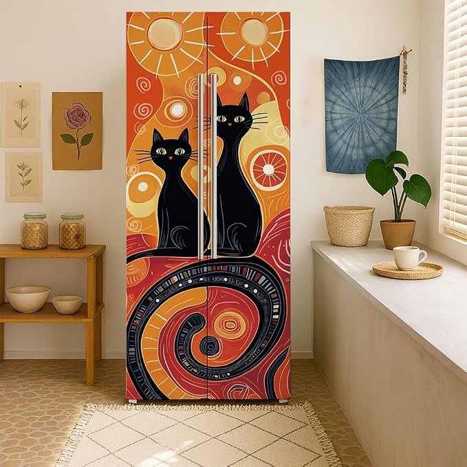 2 Pcs Black Cat Sun Removable Refrigerator Wraps, Self-Adhesive Artistic Cat - Image 7