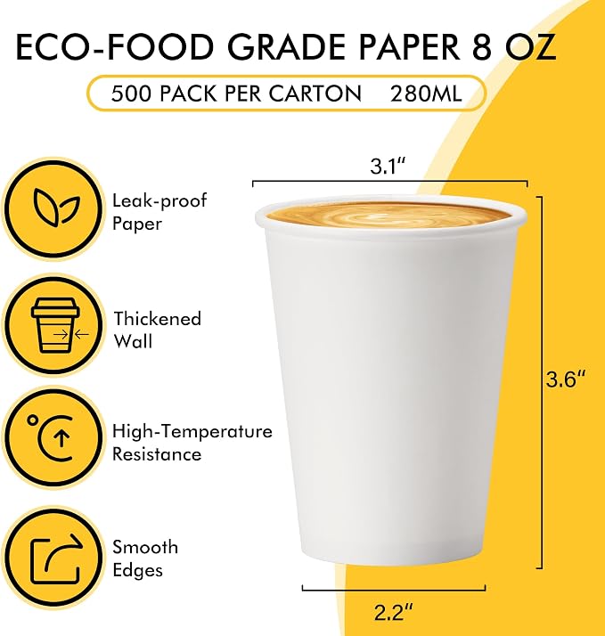 RACETOP 8 oz Disposable Coffee Cups 500 pack, Hot Coffee Cups 8 oz - Image 2