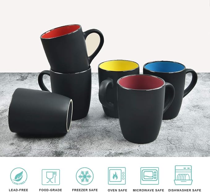 Lifecapido Set of 6 Modern Black Ceramic Coffee Mugs, 16 Ounce Capacity - Image 4