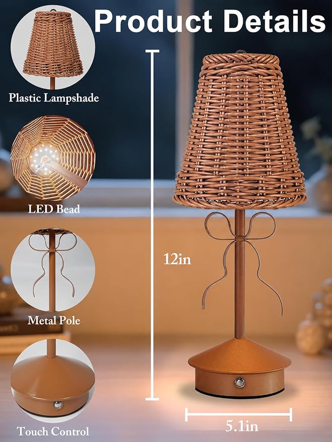 Boho Rattan Table Lamp, Small Wicker Lamp, Vintage Bow Lamp - Image 6