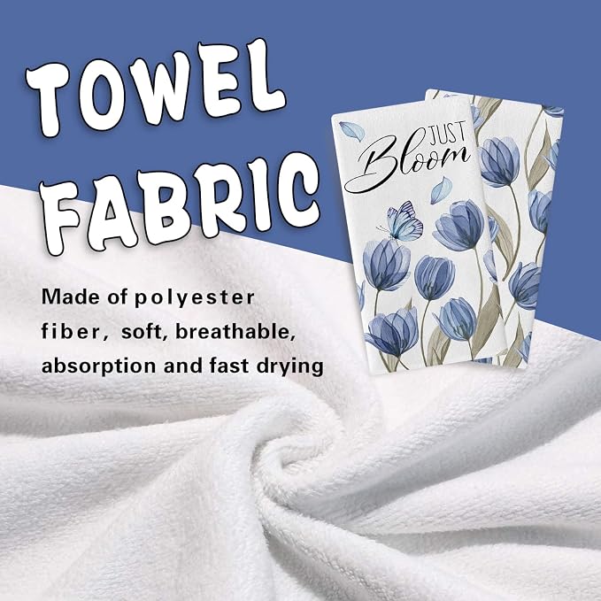 Spring Blue Tulip Flower Kitchen Dish Towels Set of 2, Just Bloom Floral - Image 4