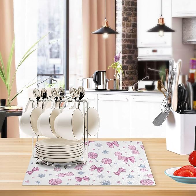 Candies Bows Stars Pink Coffee Mat Coffee Bar Maker Backed Absorbent Nonslip - Image 6