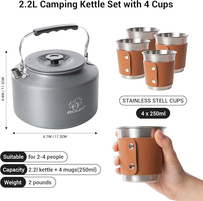 Bulin Camping Kettle, 2.2L Large Portable Stovetop Tea Kettle Fast Heating - Image 2