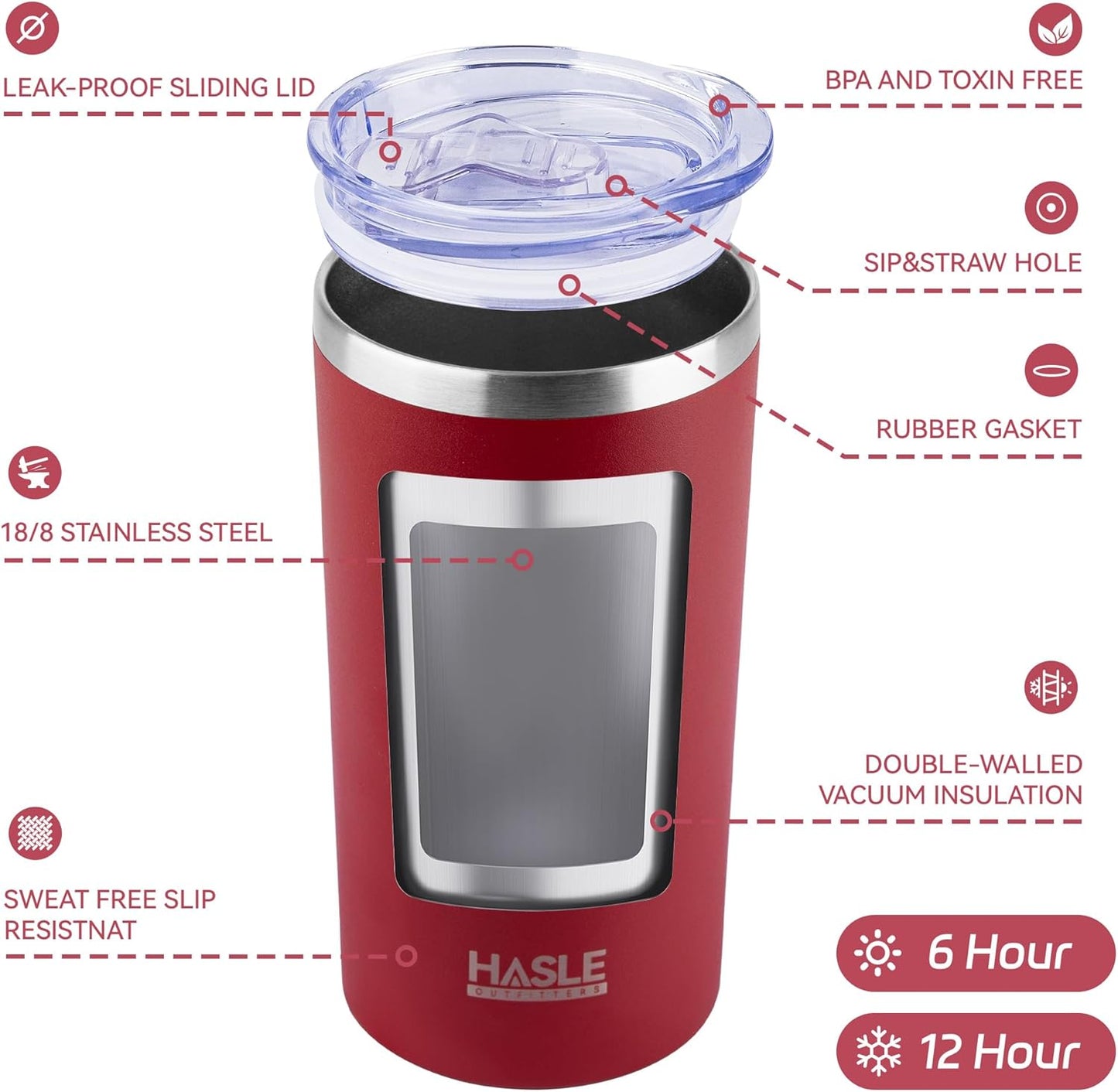 HASLE OUTFITTERS 12 oz Skinny Tumbler, Stainless Steel Insulated Slim Tumbler set bulk with Lid, Reusable Double Wall Travel Coffee Mug, Durable Powder Coated Travel Water Cup(Red,12)